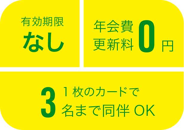 有効期限なし 年会費更新費0円 1枚のカードで2名まで同伴OK